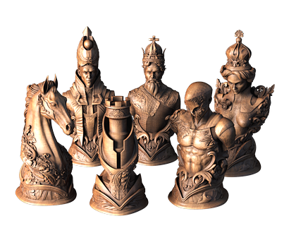 Chess set with unusual knights design, 3d models (stl)